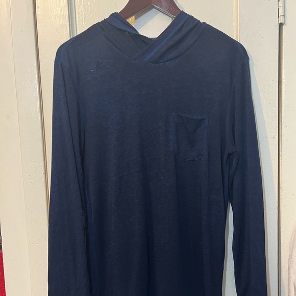 Men’s Small Navy Blue Long Sleeve Hoodie Tshirt by On The Bias Preloved Fashion - Picture 1 of 7